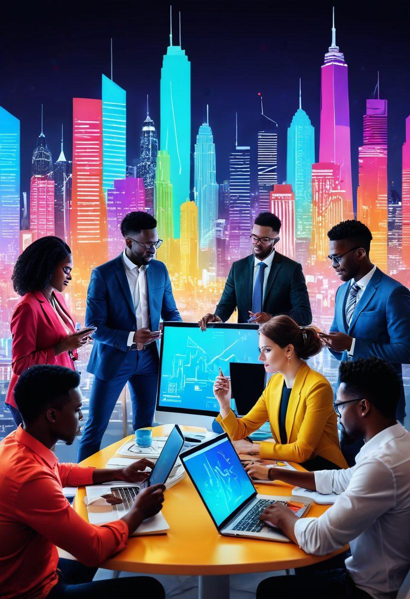 A dynamic scene showcasing a diverse group of bloggers engaged in brainstorming together, surrounded by trend charts, social media icons, and colorful digital devices. The background features a futuristic cityscape representing innovation and progress, with vibrant colors illuminating their faces as they capture new ideas. super-realistic. vibrant colors. modern design.