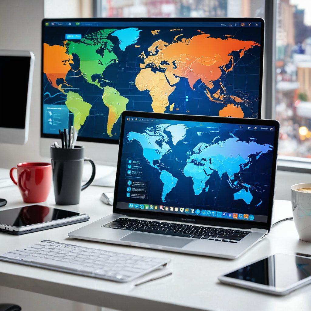 A modern workspace featuring a laptop open with a blog article on the screen, surrounded by gadgets like a smart speaker, tablet, and a futuristic coffee mug. The backdrop displays a digital world map and creative tech elements floating around, symbolizing innovation and mastery in technology. Warm lighting that emphasizes a welcoming atmosphere while keeping the focus on the tech gadgets. super-realistic. vibrant colors. white background.