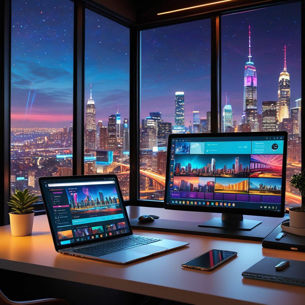 A modern workspace featuring a sleek laptop open to a vibrant blog dashboard, surrounded by smart devices like a tablet, smart speaker, and a smartphone displaying notifications. Include futuristic elements like holographic interfaces and data analytics visuals. The background should have an illuminated cityscape through a large window, symbolizing innovation. futuristic design. vibrant colors. 3D.